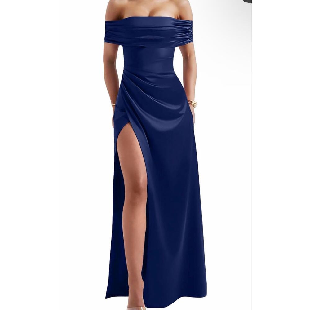 elegant viral off the shoulder wedding guest summer gown dress dark navy S - Picture 5 of 11
